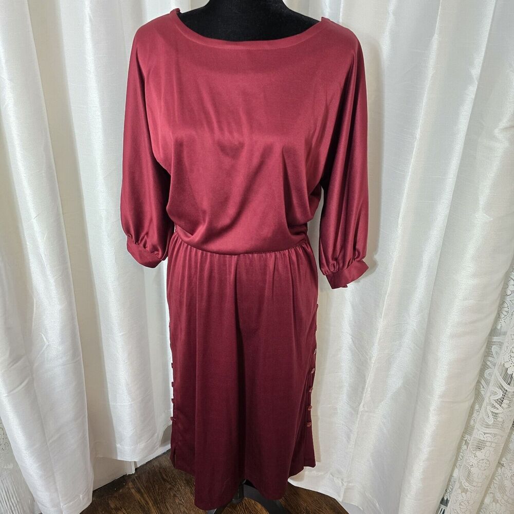 True Vintage Union Made Long Sleeve Dress 11/12 Womens Button Sides Maroon Red